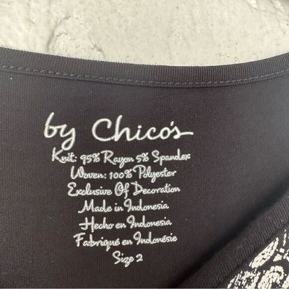CHICOS Lace Print Blouse Womens Size Large Stretch Jersey Knit Dolman Sleeve - Picture 6 of 7